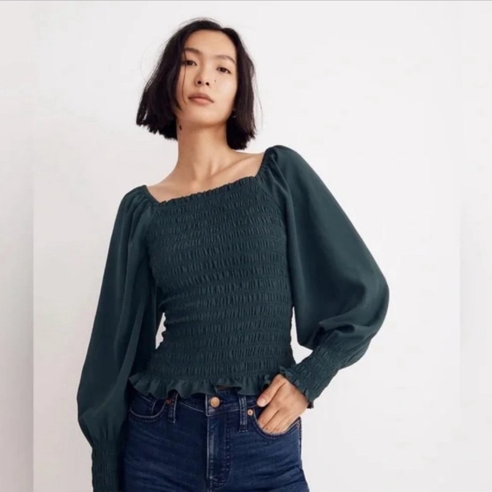 Madewell Lucie Bubble-Sleeve Smocked Top in Teal Green Size Large